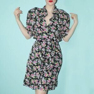 CRAZY 4 U Black Vintage 2000's Floral Balloon Sleeve A-Line Mini Dress